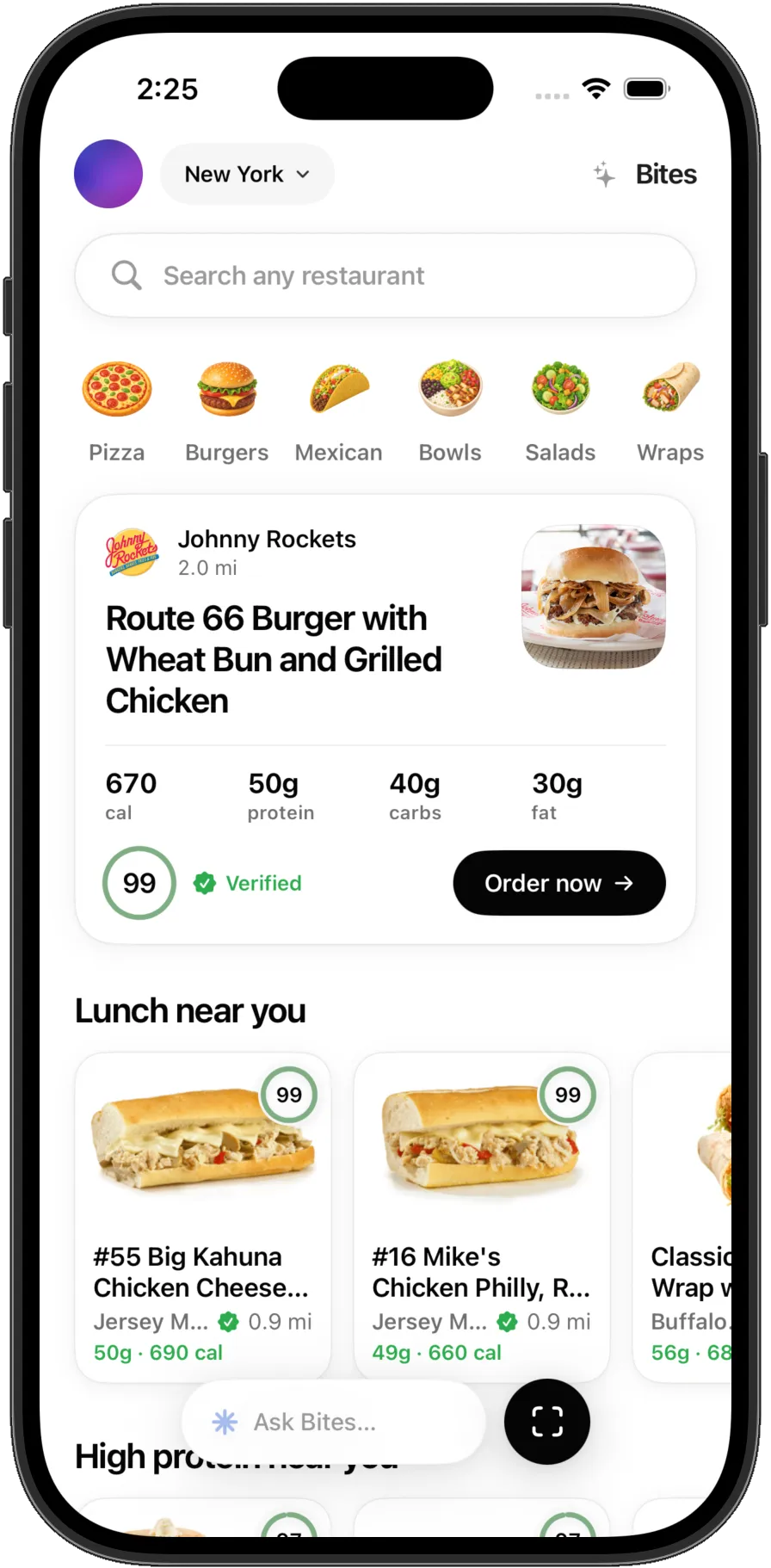 Bites app showing restaurant recommendations